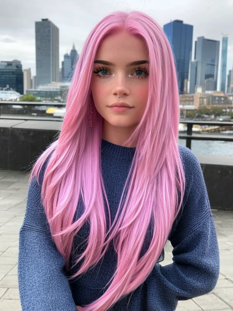 milkgore, looking at viewer, (sweater, pants), (pink hair),  (), (jewelry), (city background),  (portrait) 