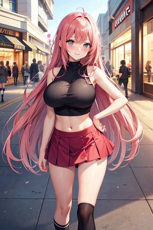 girl,Young,(masterpiece,Highest quality),Street,Completely naked,Bare shoulders、Gal、Pink Hair、smile、passionate、long hair、(Underboob),Big Breasts,Cleavage,(stomach),Mini tube top、looking at the camera、Ultra Micro Mini Pleated olo、Are standing、barefoot,In the city