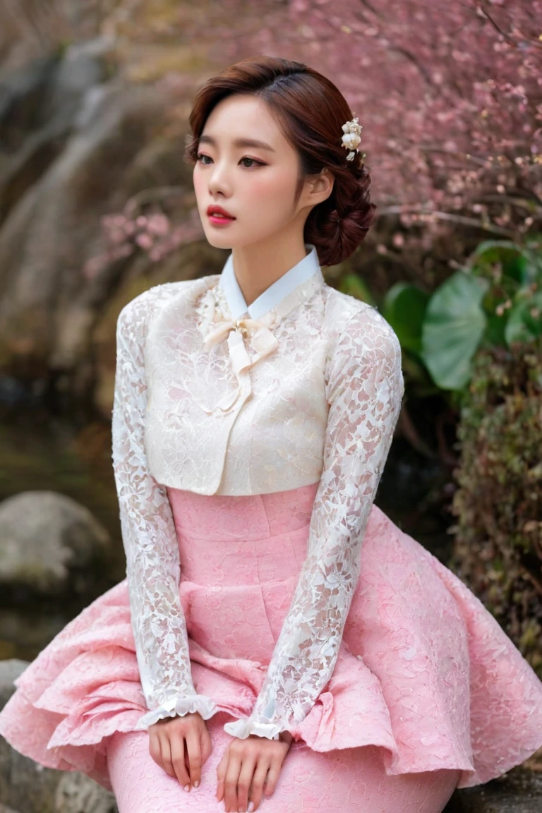 A Korean man in ladies vintage suit dress, big breast like a woman, slender female body, pink and white, A slim body stands out, Rich lace and frills, long sleeves, mermaid skirt, tweed, full body shot, sit quietly