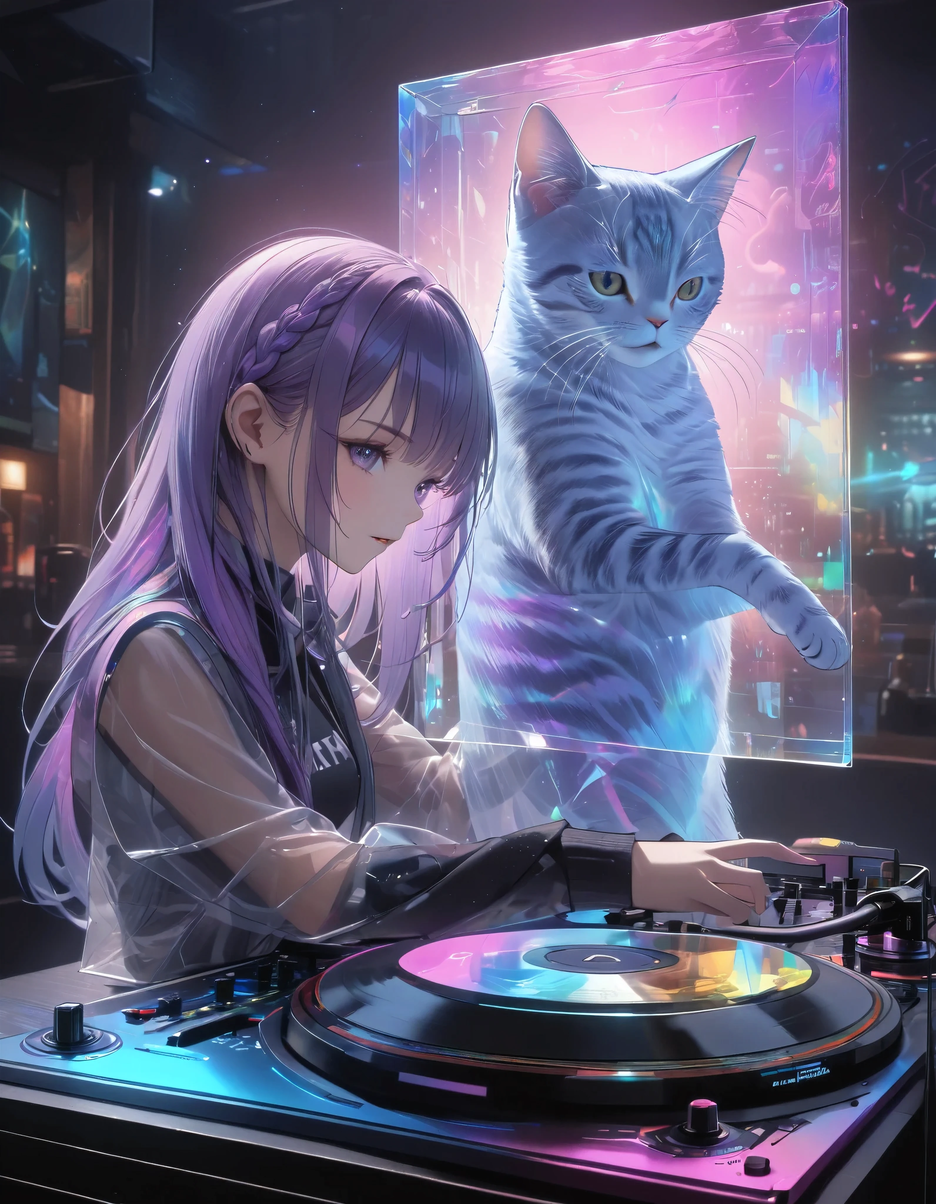 Full color, (transparency:2.0), 
break Ultra-realism, Detailed and realistic skin texture, Detailed and intricate texture, Detailed and intricate brushwork, Detailed and clear depiction, Transparent depiction, aesthetic, 
Girl with cat, DJ girl in a club, cyber punk, White and purple gradient braided long hair, Neon holographic transparent cat dancing like a human, break Neon Art Background, Cinematic lighting effects, Transparent light, Mysterious Light, Fantastic Fog, Cryptical, 
break (( Phantasmal iridescent , holographic)), (details and Transparent depiction, transparency:1.6), 