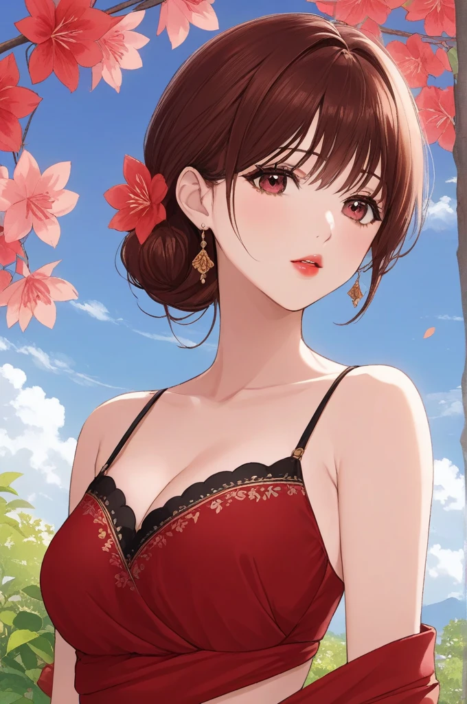 (masterpiece),(best quality:1.0), (ultra highres:1.0), detailed illustration, 8k, anime, 1girl, beautiful girl, in a sari, wearing a red sari, pretty pose, pretty face, detailed face, beautiful eyes, dark red eyes, detailed eyes, red lips, red lipstick, slightly brown hair, wear big black ful size bra, pink flower on ear, highlights in hair, standing, red flowers on a tree in the back, open sky with clouds, detailed, intricate, anime style, highly detailed