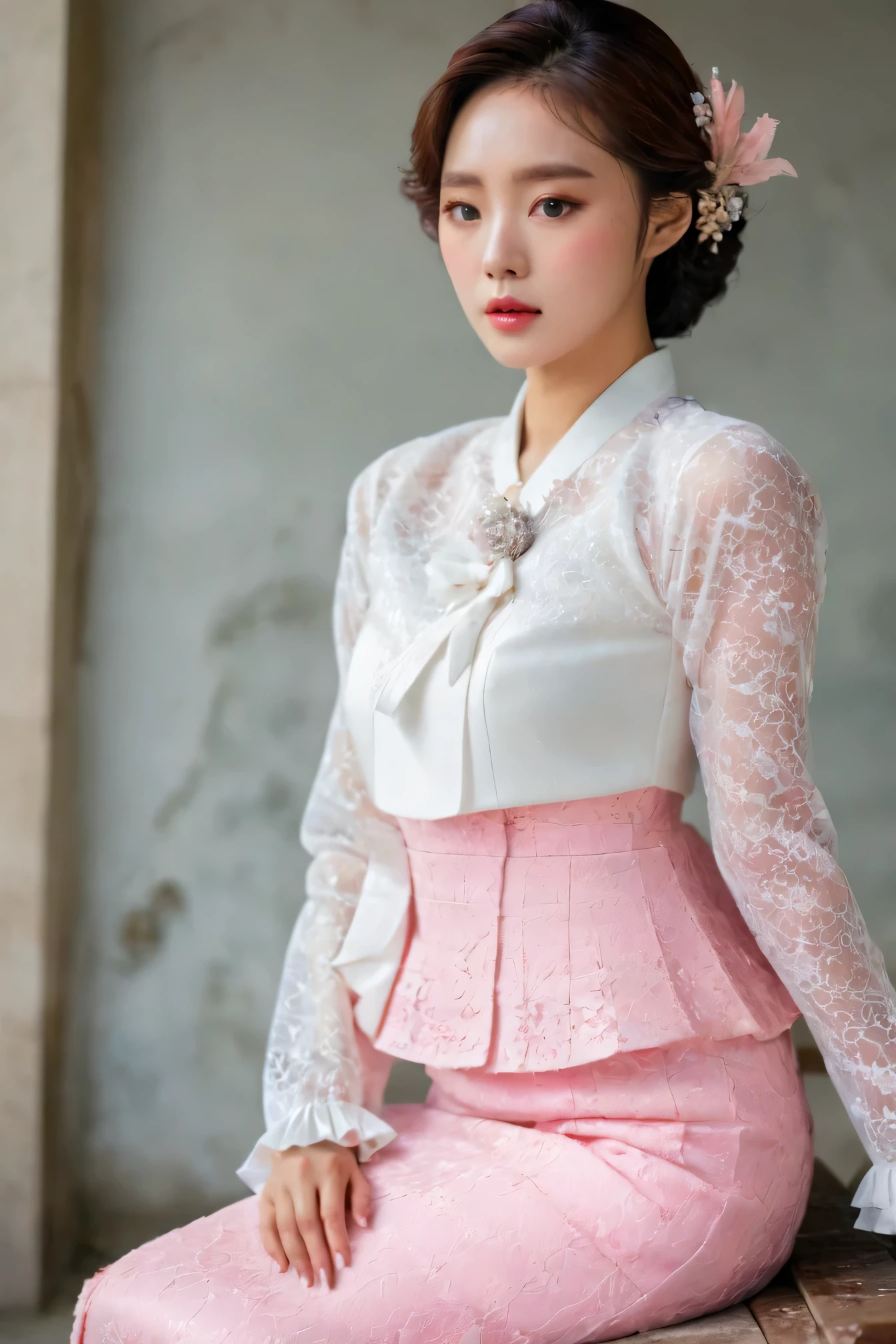 A Korean man in ladies vintage suit dress, big breast like a woman, slender female body, pink and white, A slim body stands out, Rich lace and frills, long sleeves, mermaid skirt, tweed, full body shot, sit quietly