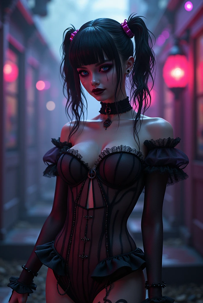 a female vampire (dancing: 1.3) in the rain during lightning storm, goth art, dark fantasy art, glamours (vampire: 1.5) model shot, RAW, award winning picture of a female vampire, dynamic hair color, dynamic hair style, pale skin, full body, busty woman, (most beautiful face: 1.3), (ultra detailed face: 1.2), long hair, wavy hair, pale skin, wet hair,  wearing lace dress, wet dress, dynamic color, dynamic style dress, (intense detailed dress: 1.3), wearing intricate high heels, light make up, modern day high society street in a (lightning: 1.3) storm heavy rain, sense of glorified sensation in the storm, (anatomically correct: 1.4), (full body shot: 1.1) , vibrant, Ultra-high resolution, High Contrast, (masterpiece:1.5), highest quality, Best aesthetics), best details, best quality, highres, ultra wide angle, 16k, [ultra detailed], masterpiece, best quality, (extremely detailed), Intense Gaze, goth person, dark person