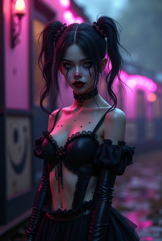 Gothic Harley Quinn, black lips, white skin, black pigtails hair, muscle body, (blue glowing eyes), epic dynamic background, looking at the center camera, painting style, beautiful detailed intricate insanely detailed octane render trending on artstation, 8 k artistic photography, photorealistic anime art.