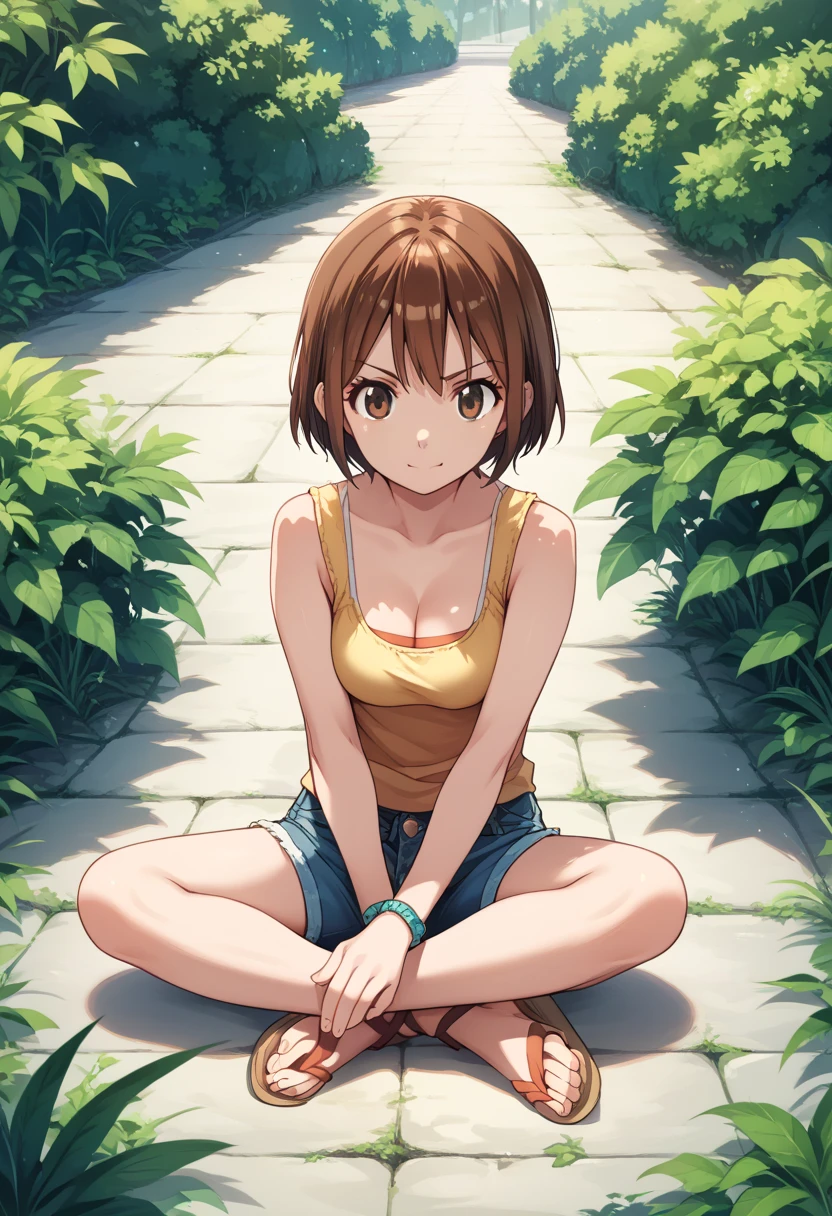 ManamiKinjuo, short hair, brown hair, brown eyes,,cleavage,smile,frown,denim shorts,sitting on ground,sandal