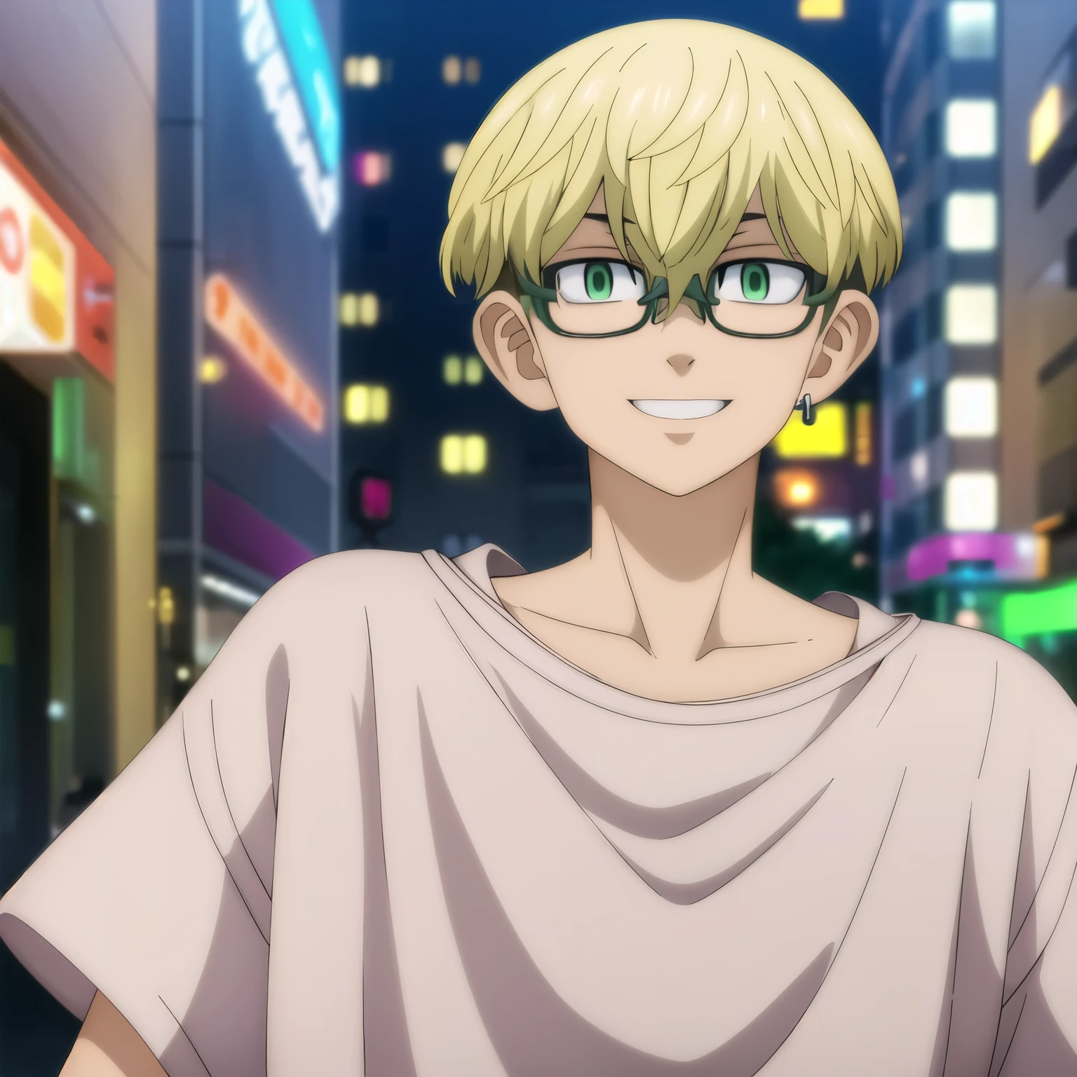 (best quality:1.1), (masterpiece:1.4),  upper body, depth of field, , realistic, 1boy, solo, male focus, chifuyu_matsuno, blonde hair, green eyes, hair between eyes,  he is smiling, He wore glasses, He's wearing a white t-shirt, city street