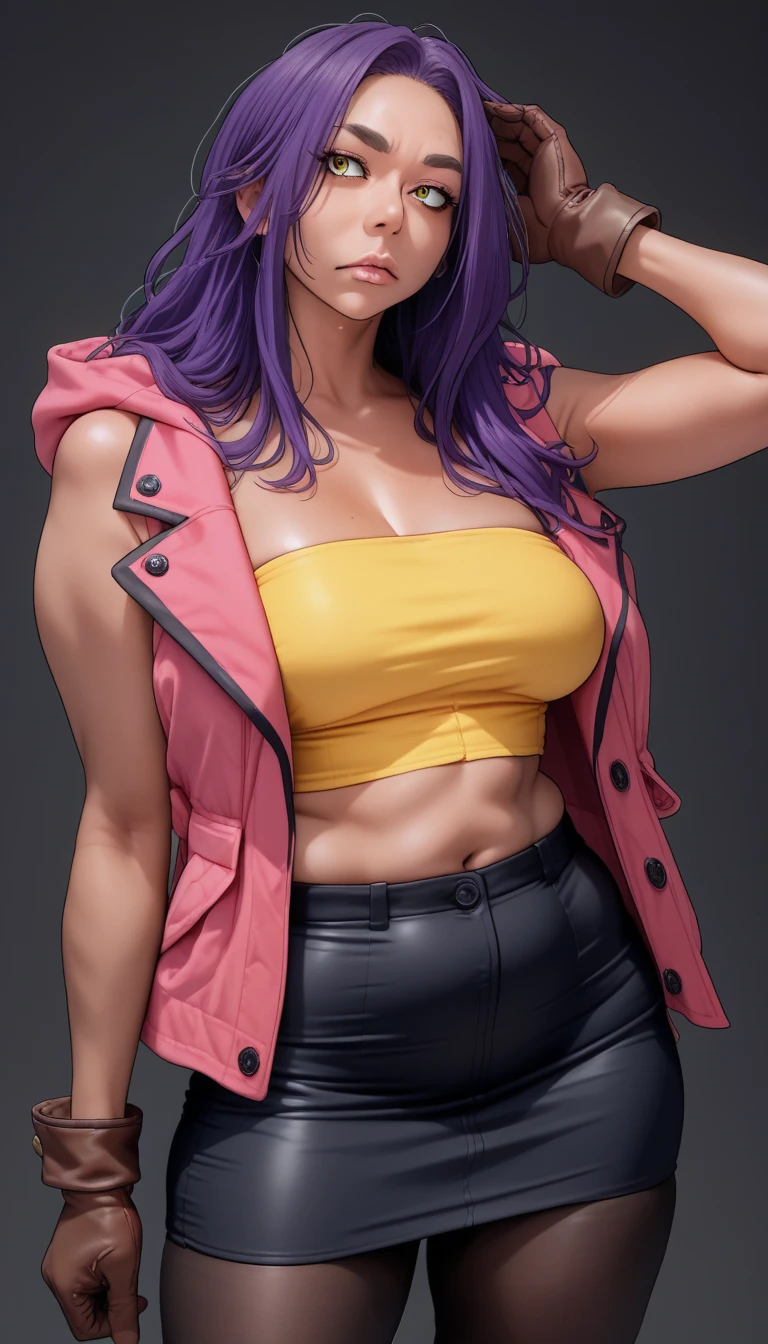 masterpiece,best quality,face detail,extreme detail,8k,white background,<lora:poison:0.8>,poisonsfv,1girl,solo,breasts,blue eyes,large breasts,holding,jewelryjacket,pink hair,open clothes,alternate costume,choker,medium hair,bracelet,open jacket,lips,crop top,black choker,white footwear,blue jacket,wristband,pink nails,track jacket,sports bra,blue sport pants,track suit,cowboy_shot,upper_body,