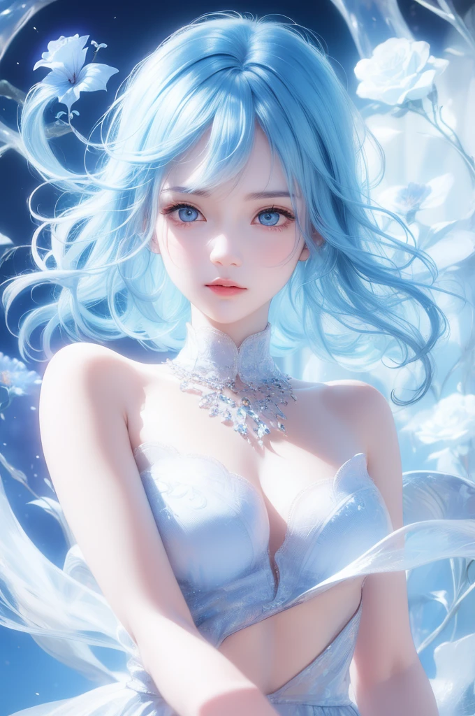 (mulher magra), (seios pequenos), (albina), (heterocromia), (vestido azul escuro com glitter comprido), (cabelo branco), (cabelo algurandos quadris), (olho esquerdo castanho), (olho direito azul)