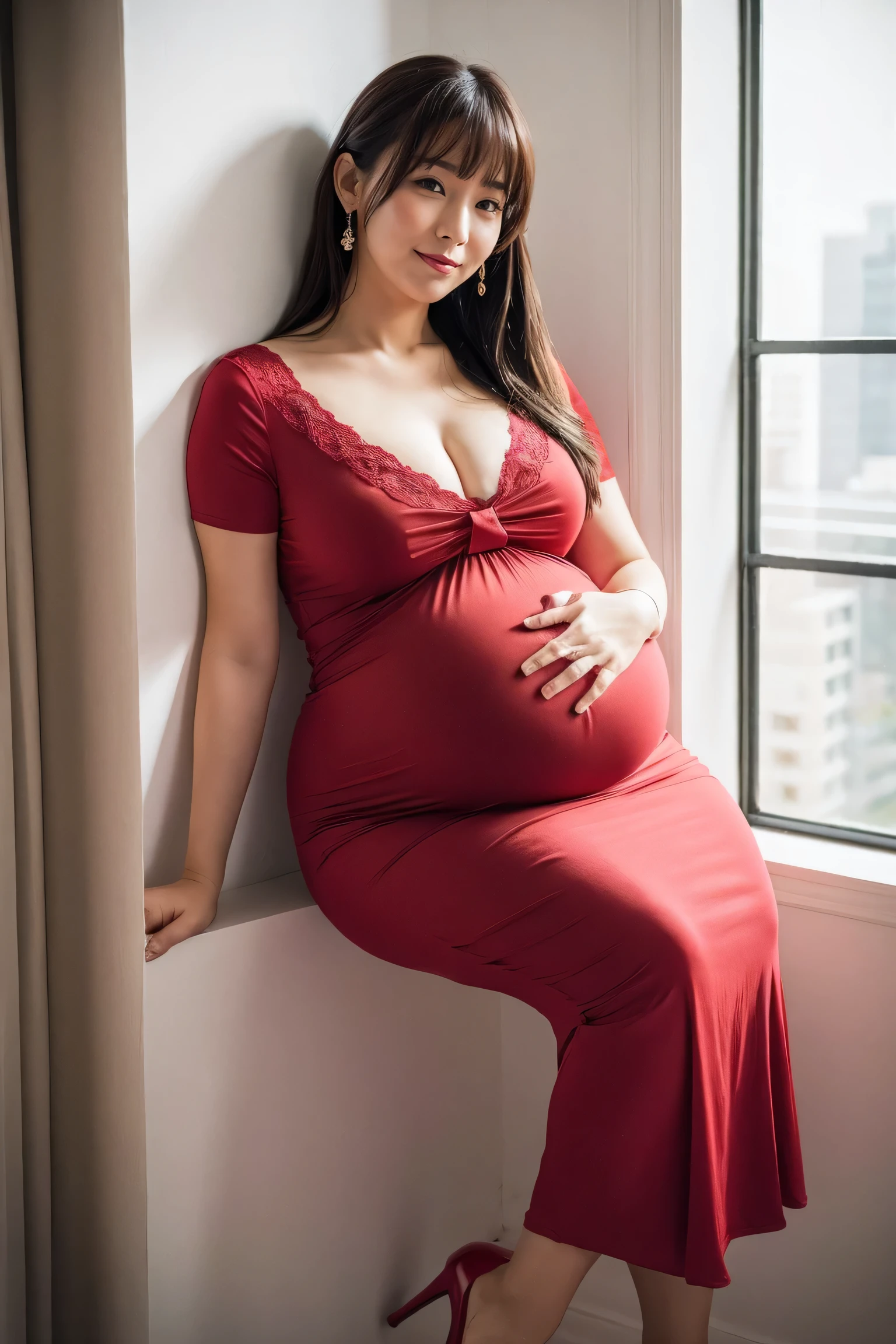   ,          Medium shot,          deeply written border,    slim body,    Very big       , whole body, Movie angle, masterpiece,            Top quality by the window       ,          VERY DETAILED         , CGP, 8k wallpaper,             Beautiful Face            , delicate eyes,  pregnant with twins         , A very large pregnant woman's belly , Otome            , Alone, laugh, bangs、shirt,             crimson dress            ,High heels、flower vase