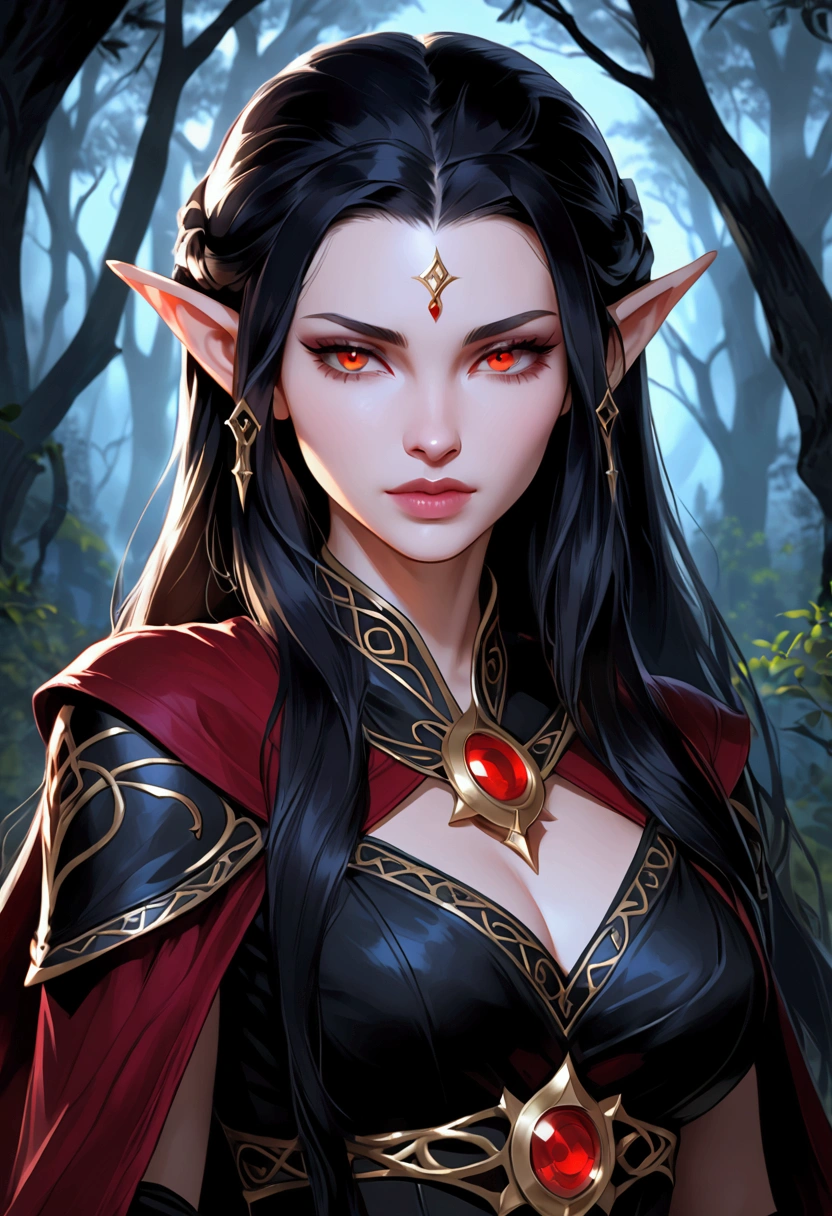 Aelina the Dark, an elf of shadows, is a mysterious and beautiful figure with pale skin, deep crimson eyes, and long, flowing black hair. Descendant of an ancient elven line that dwelled in the darkest depths of forests, she possesses unique abilities such as night vision and shadow manipulation. Aelina moves with quiet grace and has piercing eyes that seem to see into one's soul. She is independent and loyal to her kin, preferring solitude and the darkness of night. She dresses in simple black garments adorned with ancient elven symbols, exuding an aura of mystery and power