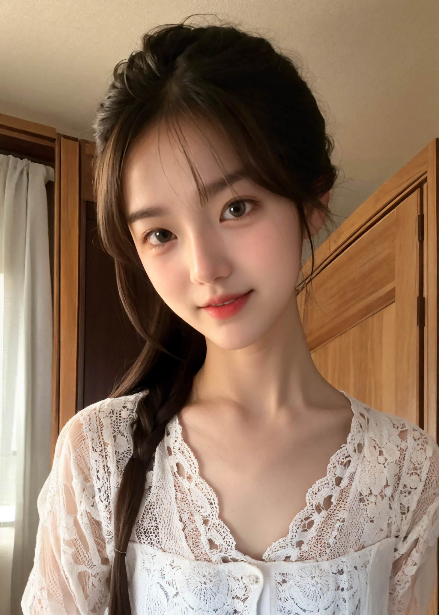 Maid, chignon hair,brown hair,slender body,cute pretty girl