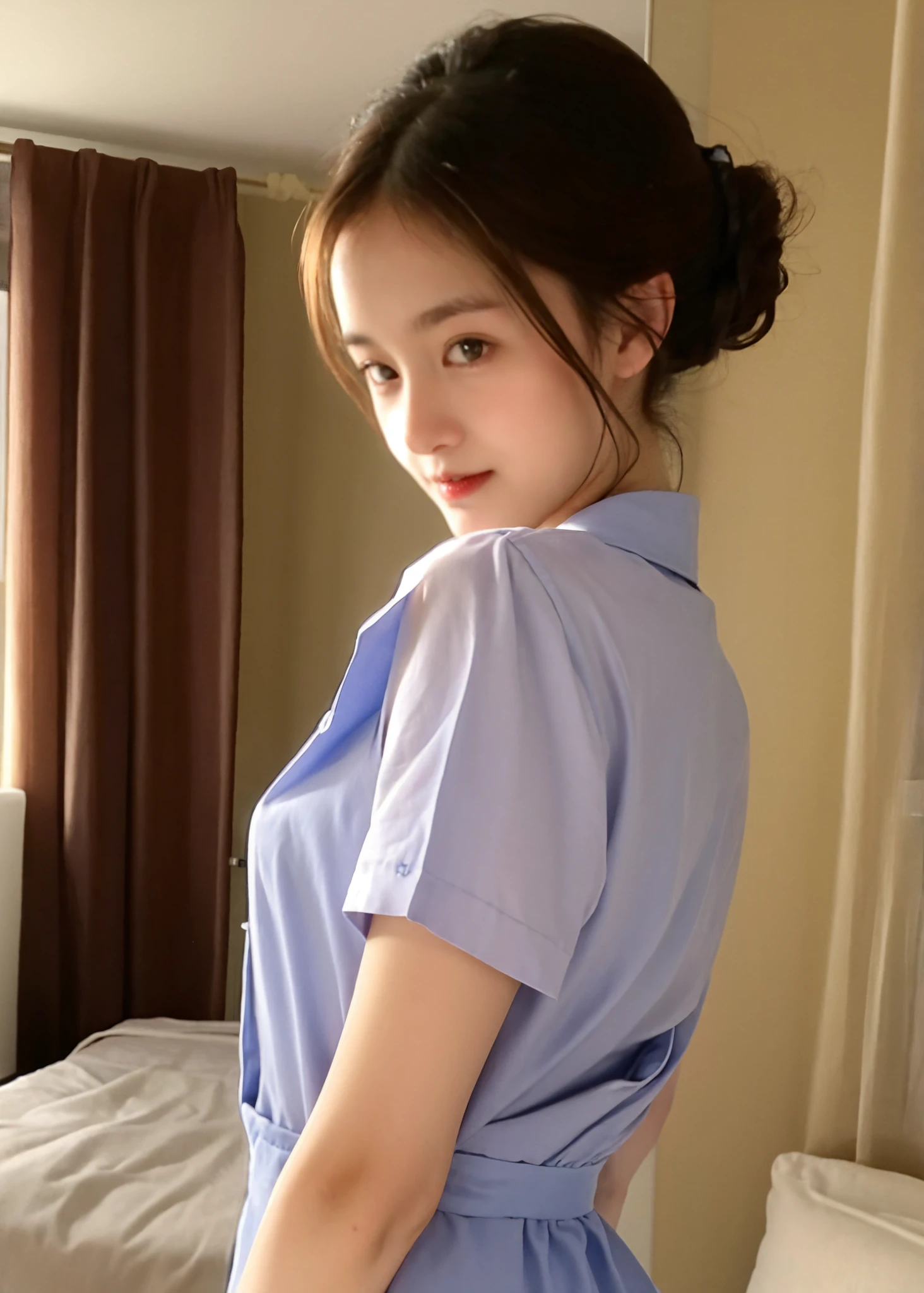 Maid, chignon hair,brown hair,slender body,cute pretty girl