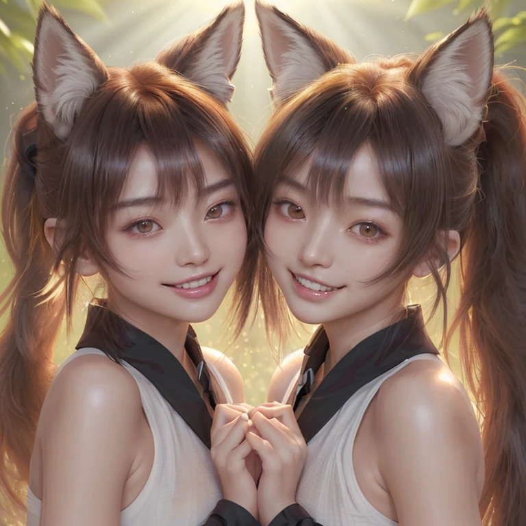  multiple girls, ( （ ultra high resolution, Double Ponytail, 红長髮，）） parted lips "fox ears " and smooth skin tone ，high textured skin,highest, H element, Divine Light,Smile, tooth, 虎tooth3/4 shot ，SD XL 