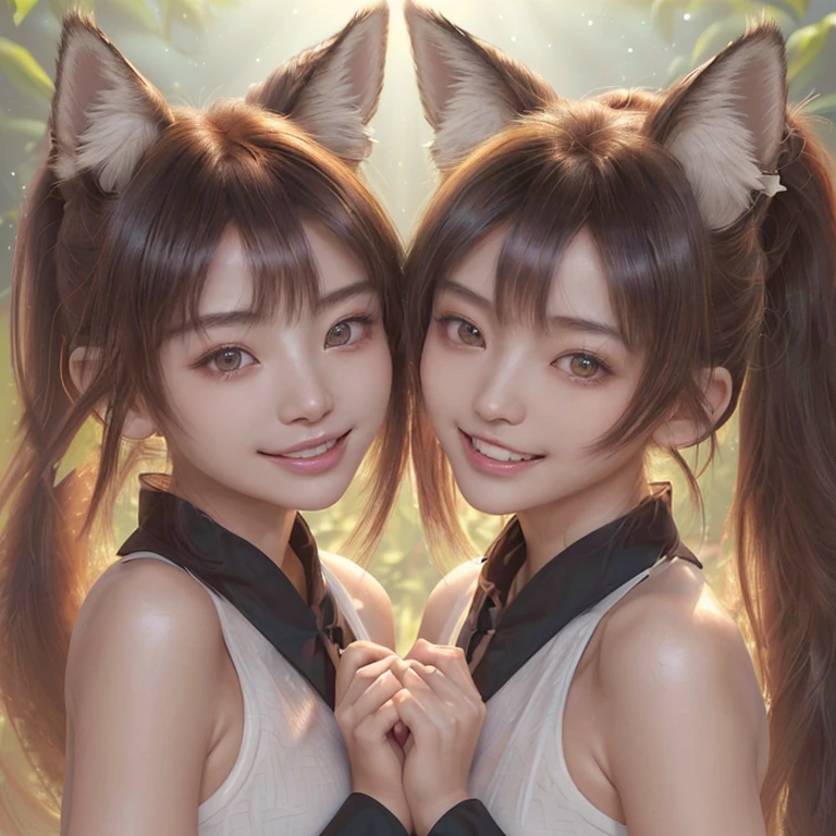  multiple girls, ( （ ultra high resolution, Double Ponytail, 红長髮，）） parted lips "fox ears " and smooth skin tone ，high textured skin,highest, H element, Divine Light,Smile, tooth, 虎tooth3/4 shot ，SD XL 