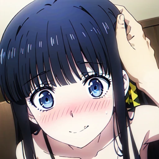 nsfw. A close-up portrait of her face, strictly showing only from the top of her head to her chin. Her tongue, fully extended and playfully sticking out, is the central and most prominent feature of the image, emphasized with a vivid and clear detail. She blushes deeply, with a shy yet mischievous smile. A smear of condensed milk is on her cheek. In the style of Japanese anime, a -yeld giof extraordinary beauty. She has super long, straight black hair that flows elegantly. Her body is slim, emphasizing her graceful figure. Her eyes are small, elongated, and deep black, exuding a mysterious charm.