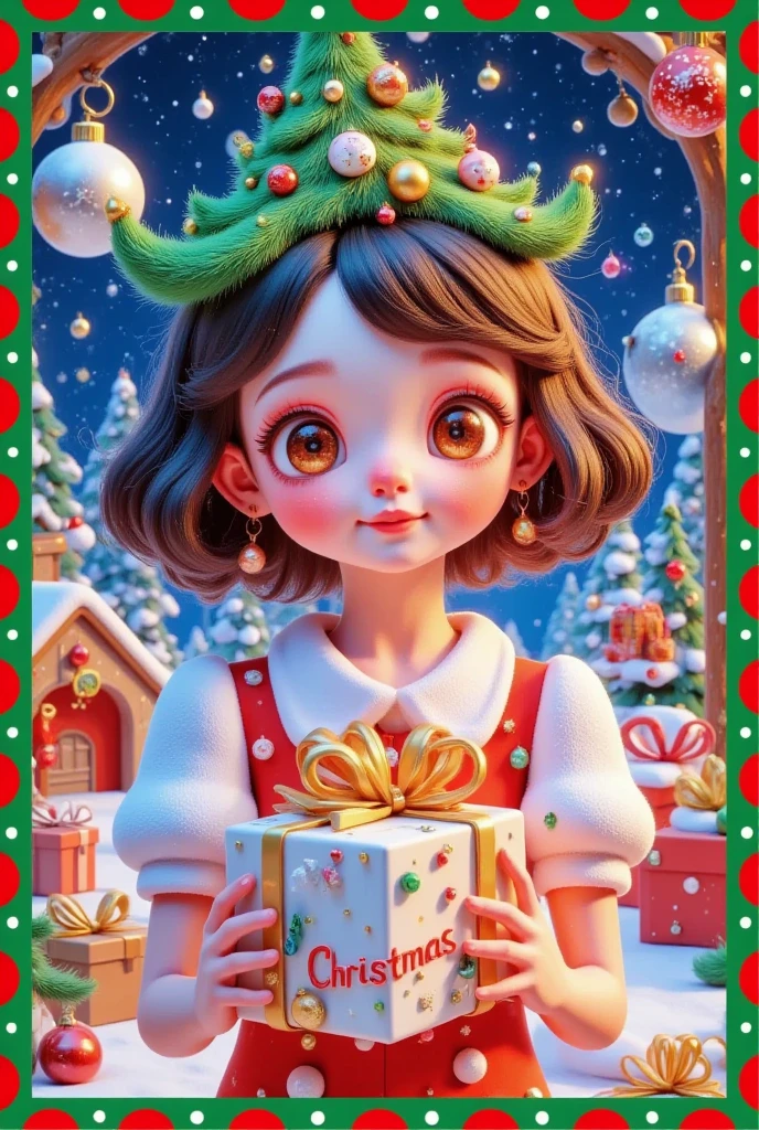 stamp: A beautiful girl wearing a Christmas tree hat holding a beautiful gift, (((  and the box says “Christmas” )).  Decorate  , Christmas tree, Hut, Gingerbread Man,   with a gift then tie a bow on the hair  . Short hair,  beautiful faces in advance,  skin details , Finding an audience , Comfortable room. Official illustrations,  Cute and fun 