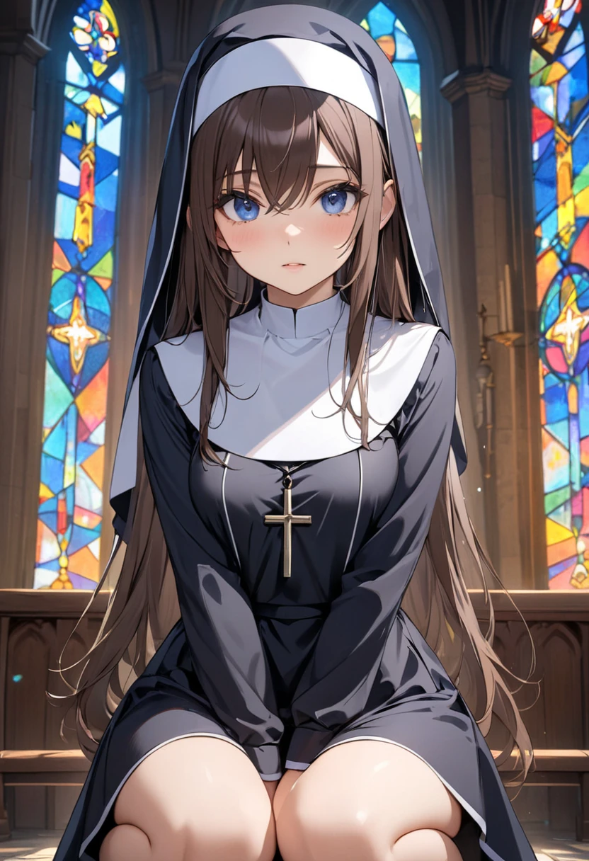 masterpiece,  best quality,  1 Girl , solo,  smaller breasts, Dark blue eyes, Brown Hair, Crossed bangs,  long hair,  from the front, Nuns, Wear Nun Outfit, squat,  Ancient Churches 、 stained glass 、night、