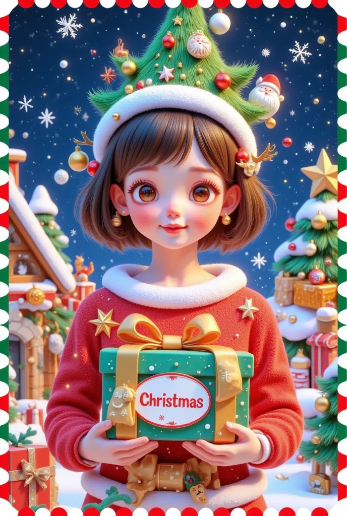 stamp: A beautiful girl wearing a Christmas tree hat holding a beautiful gift, (((  and the box says “Christmas” )).  Decorate  , Christmas tree, Hut, Gingerbread Man,   with a gift then tie a bow on the hair  . Short hair,  beautiful faces in advance,  skin details , Finding an audience , Comfortable room. Official illustrations,  Cute and fun 