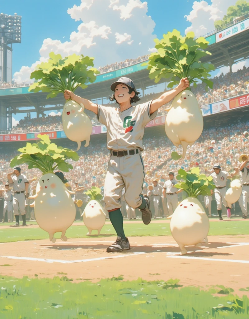 The spectator seat at Koshien Stadium, the mecca of Japanese high school baseball ,  A male high school student wearing a baseball uniform is dancing in the audience seat holding Daikon-chan in both hands, High school boys shouting in their hearts, (Daikon character  :Bikini Wear:The texture of daikon  :A little cute :Charming), Daikon character は男子高校生のマスコットキャラクターです, Chairs with only seats arranged in a tiered pattern, A brass band and advertising billboards can be seen in the background, Cheering for the Gunma Prefecture baseball team, ((( ultra high resolution, masterpiece,  anatomically accurate,  super detailed,  High Details  ,  best quality,  High Resolution Icon , 8k)))