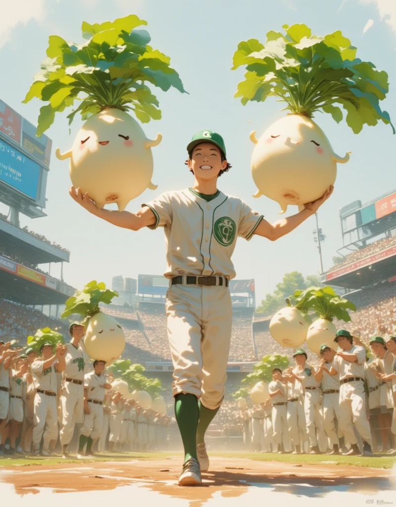 The spectator seat at Koshien Stadium, the mecca of Japanese high school baseball ,  A male high school student wearing a baseball uniform is dancing in the audience seat holding Daikon-chan in both hands, High school boys shouting in their hearts, (Daikon character  :Bikini Wear:The texture of daikon  :A little cute :Charming), Daikon character は男子高校生のマスコットキャラクターです, Chairs with only seats arranged in a tiered pattern, A brass band and advertising billboards can be seen in the background, Cheering for the Gunma Prefecture baseball team, ((( ultra high resolution, masterpiece,  anatomically accurate,  super detailed,  High Details  ,  best quality,  High Resolution Icon , 8k)))