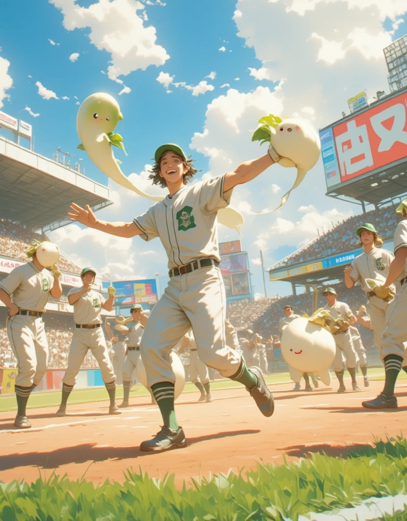 The spectator seat at Koshien Stadium, the mecca of Japanese high school baseball ,  A male high school student wearing a baseball uniform is dancing in the audience seat holding Daikon-chan in both hands, High school boys shouting in their hearts, (Daikon character  :Bikini Wear:The texture of daikon  :A little cute :Charming), Daikon character は男子高校生のマスコットキャラクターです, Chairs with only seats arranged in a tiered pattern, A brass band and advertising billboards can be seen in the background, Cheering for the Gunma Prefecture baseball team, ((( ultra high resolution, masterpiece,  anatomically accurate,  super detailed,  High Details  ,  best quality,  High Resolution Icon , 8k)))