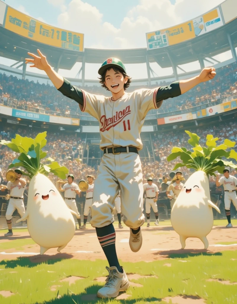 The spectator seat at Koshien Stadium, the mecca of Japanese high school baseball ,  A male high school student wearing a baseball uniform is dancing in the audience seat holding Daikon-chan in both hands, High school boys shouting in their hearts, (Daikon character  :Bikini Wear:The texture of daikon  :A little cute :Charming), Daikon character は男子高校生のマスコットキャラクターです, Chairs with only seats arranged in a tiered pattern, A brass band and advertising billboards can be seen in the background, Cheering for the Gunma Prefecture baseball team, ((( ultra high resolution, masterpiece,  anatomically accurate,  super detailed,  High Details  ,  best quality,  High Resolution Icon , 8k)))