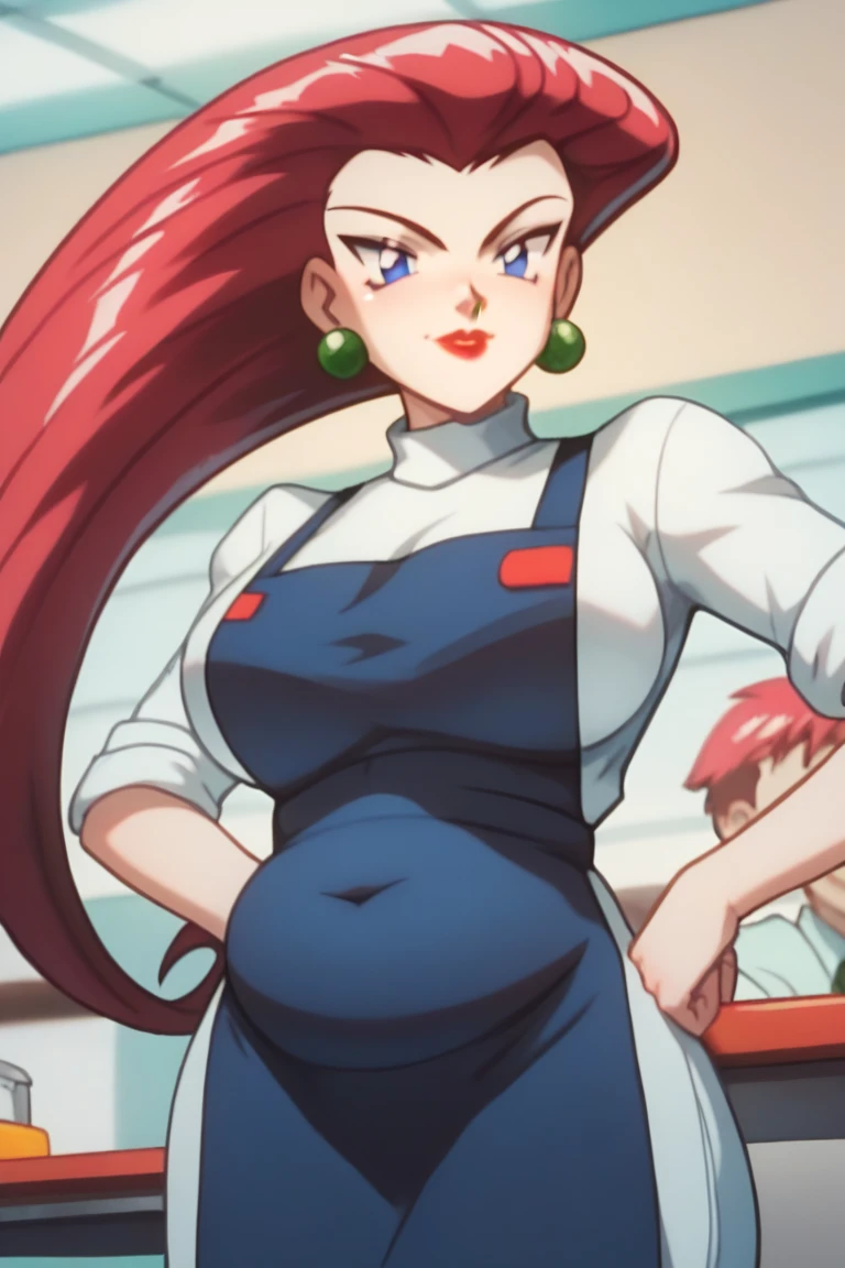 PMJessie,  POV Close up face,  calm, red hair, long hair, blue eyes, lipstick, earrings, breasts, wear a tight black cafeteria worker apron and white blouse, in a cafeteria stand behind the ((counter)) , tall height, slightly chubby belly, incoming kiss, red hair, fair skin, light smiling, tight form fitting apron, prominent plumped belly, fattened, face focus,