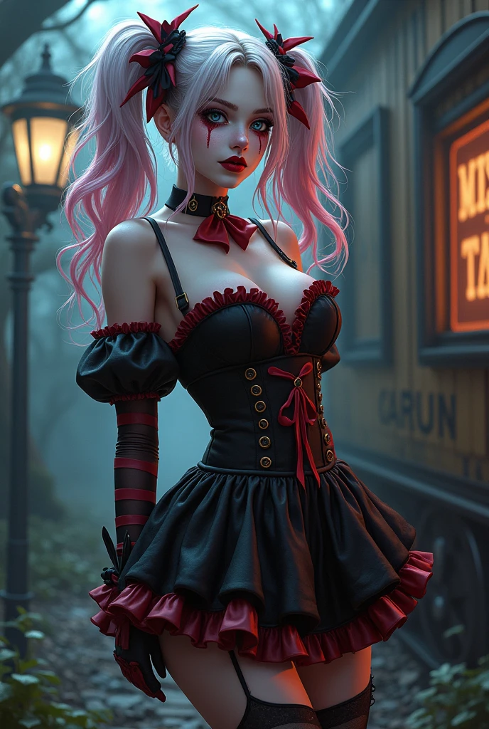 The image shows a Goth Woman with harlequin hat, clown face paint, wearing cropped clown shirt, puffy sleeves, puffy crewneck, stomach navel exposed, large breasts, small waist, wide hips, thick legs, red panties, collarbone, clown 🤡, sexy body, it, night circus background, shiny skin, highest detailed, detailed clothes, pastel colors, detailed body, detailed face, rear view