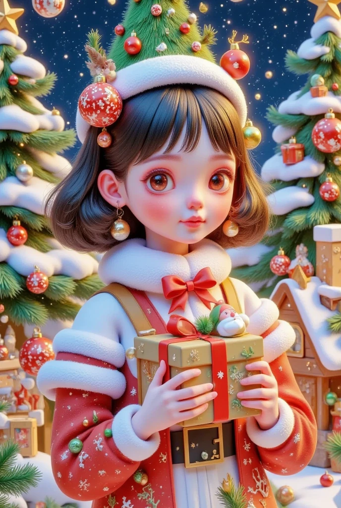 stamp: A beautiful girl wearing a Christmas tree hat holding a beautiful gift, (((  and the box says “Christmas” )).  Decorate  , Christmas tree, Hut, Gingerbread Man,   with a gift then tie a bow on the hair  . Short hair,  beautiful faces in advance,  skin details , Finding an audience , Comfortable room. Official illustrations,  Cute and fun 