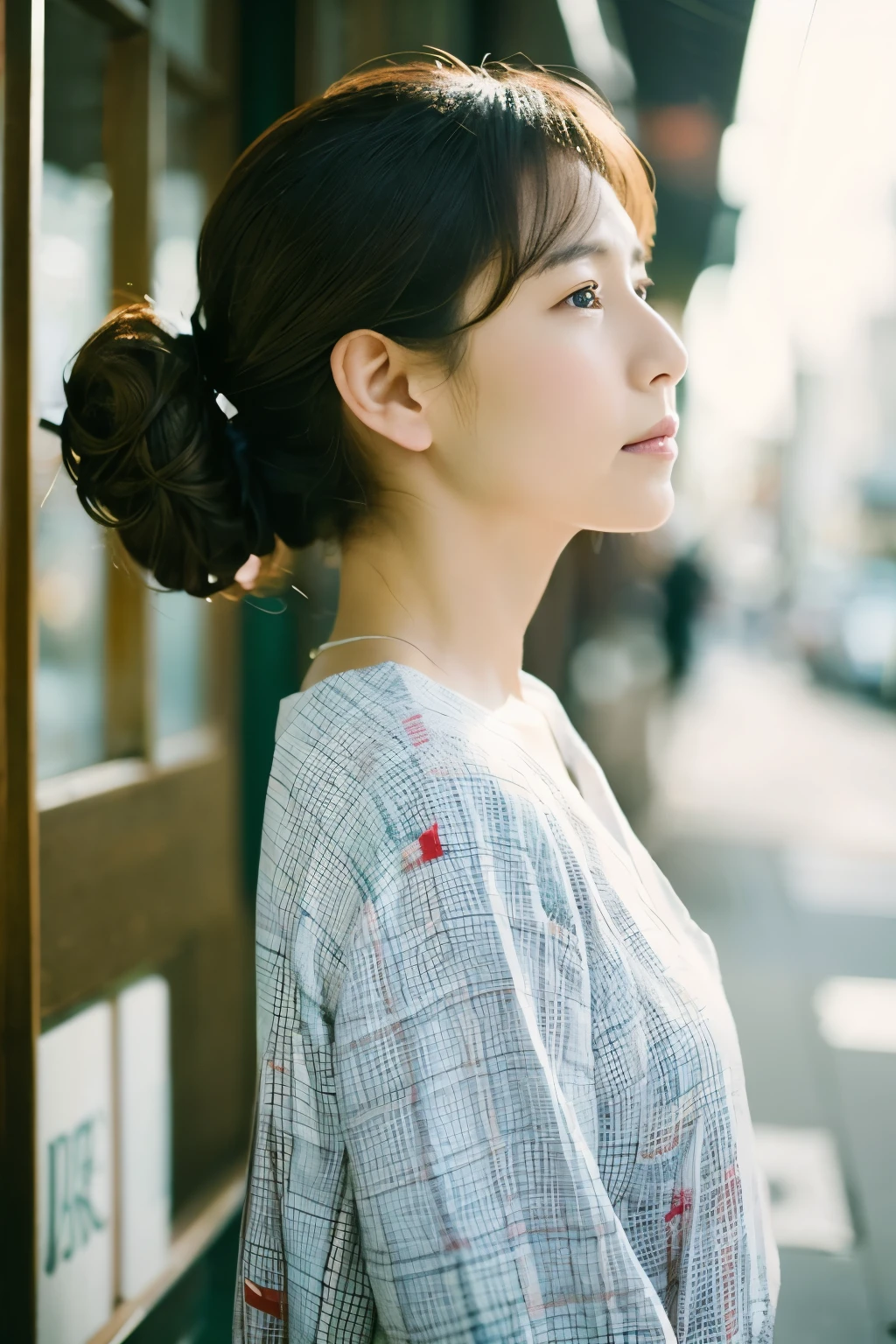 Female in her 40s、Wear clean Japanese clothes、Hair is up、Beautiful nape、shot from a lower angle