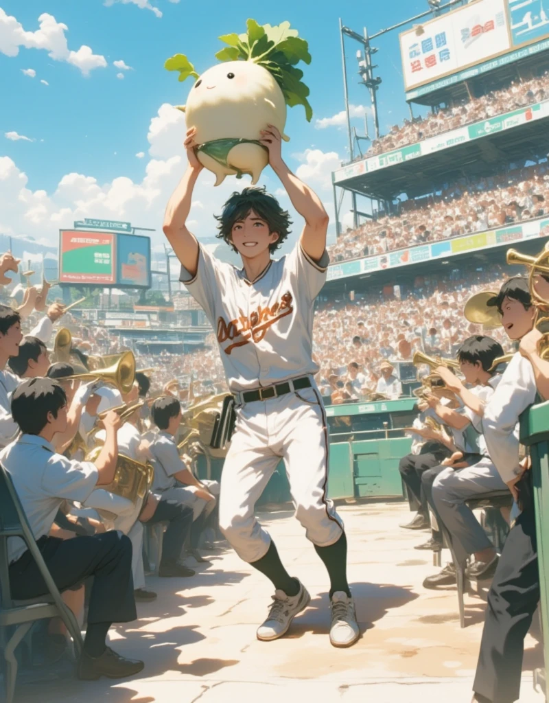 The spectator seat at Koshien Stadium, the mecca of Japanese high school baseball ,  A male high school student wearing a baseball uniform is dancing in the audience seat holding Daikon-chan in both hands, High school boys shouting in their hearts, (Daikon character  :Bikini Wear:The texture of daikon  :A little cute :Charming), Daikon character は男子高校生のマスコットキャラクターです, Chairs with only seats arranged in a tiered pattern, A brass band and advertising billboards can be seen in the background, Cheering for the Gunma Prefecture baseball team, ((( ultra high resolution, masterpiece,  anatomically accurate,  super detailed,  High Details  ,  best quality,  High Resolution Icon , 8k)))