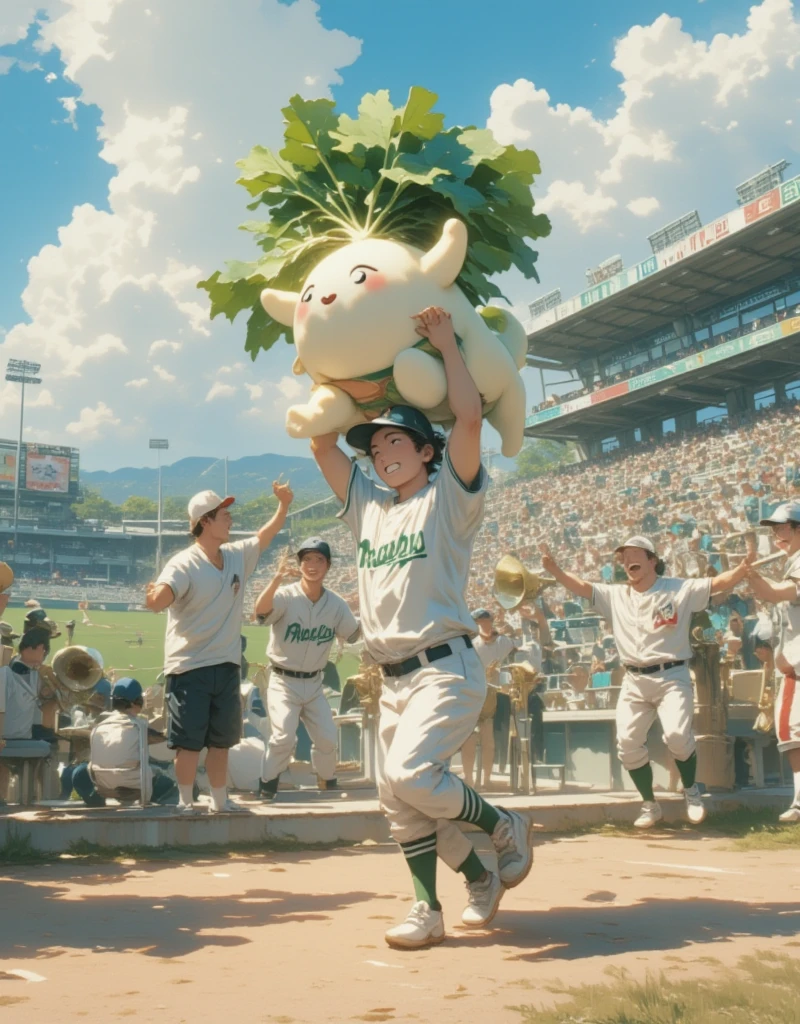 The spectator seat at Koshien Stadium, the mecca of Japanese high school baseball ,  A male high school student wearing a baseball uniform is dancing in the audience seat holding Daikon-chan in both hands, High school boys shouting in their hearts, (Daikon character  :Bikini Wear:The texture of daikon  :A little cute :Charming), Daikon character は男子高校生のマスコットキャラクターです, Chairs with only seats arranged in a tiered pattern, A brass band and advertising billboards can be seen in the background, Cheering for the Gunma Prefecture baseball team, ((( ultra high resolution, masterpiece,  anatomically accurate,  super detailed,  High Details  ,  best quality,  High Resolution Icon , 8k)))