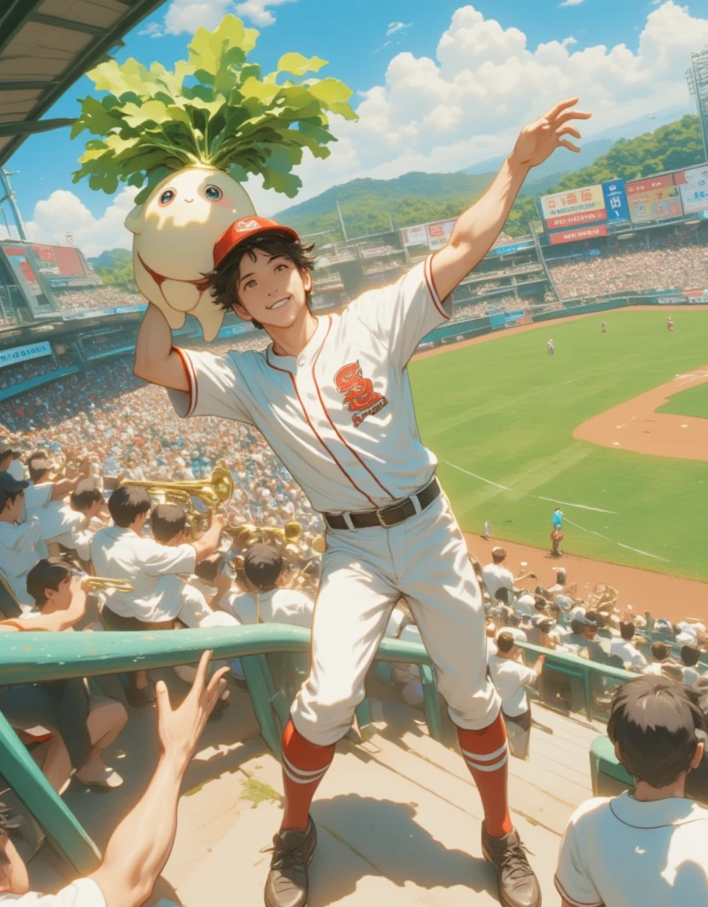 The spectator seat at Koshien Stadium, the mecca of Japanese high school baseball ,  A male high school student wearing a baseball uniform is dancing in the audience seat holding Daikon-chan in both hands, High school boys shouting in their hearts, (Daikon character  :Bikini Wear:The texture of daikon  :A little cute :Charming), Daikon character は男子高校生のマスコットキャラクターです, Chairs with only seats arranged in a tiered pattern, A brass band and advertising billboards can be seen in the background, Cheering for the Gunma Prefecture baseball team, ((( ultra high resolution, masterpiece,  anatomically accurate,  super detailed,  High Details  ,  best quality,  High Resolution Icon , 8k)))