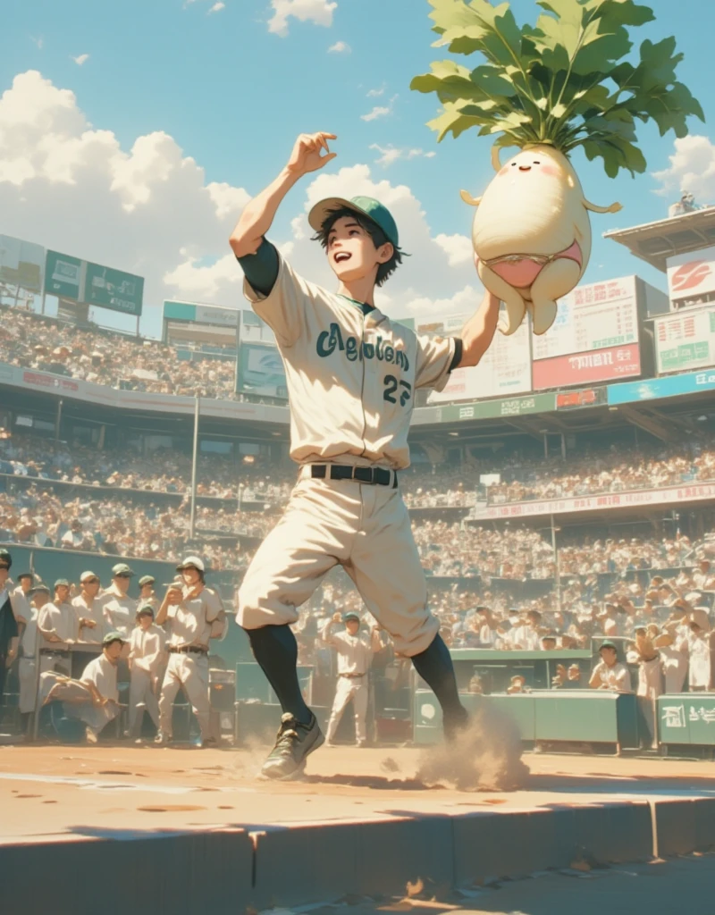 The spectator seat at Koshien Stadium, the mecca of Japanese high school baseball ,  A male high school student wearing a baseball uniform is dancing in the audience seat holding Daikon-chan in both hands, High school boys shouting in their hearts, (Daikon character  :Bikini Wear:The texture of daikon  :A little cute :Charming), Daikon character は男子高校生のマスコットキャラクターです, Chairs with only seats arranged in a tiered pattern, A brass band and advertising billboards can be seen in the background, Cheering for the Gunma Prefecture baseball team, ((( ultra high resolution, masterpiece,  anatomically accurate,  super detailed,  High Details  ,  best quality,  High Resolution Icon , 8k)))