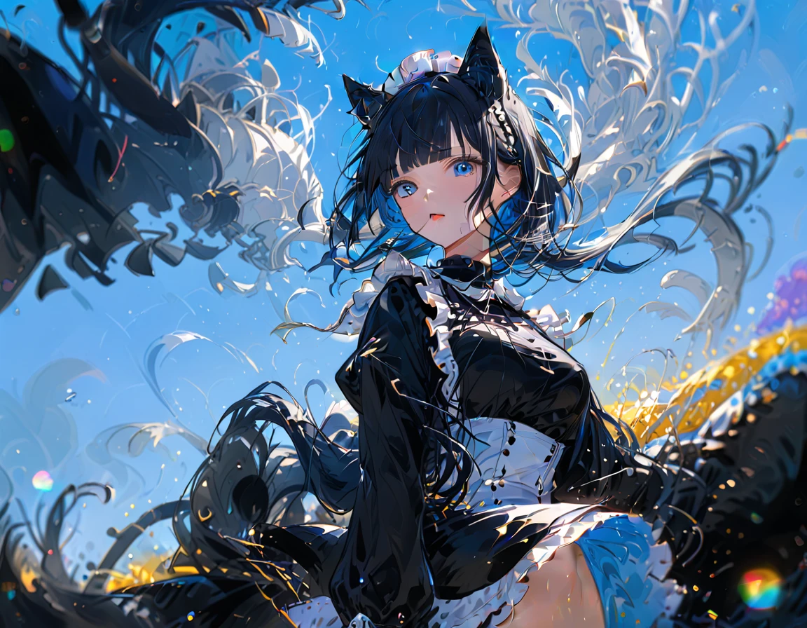 1girl, absurdly long black hair blunt bangs, blue eyes, cat ears, cat tail, chestnut mouth, large breast, open shoulder maid uniform, high waist short skirt, wind browing, floating hair, white background, contrapposto, cool expression, from below, look at viewer, soft focus, lens flare, masterpiece, best quality, vivid light color, Vector Art, 2D flat, simple shapes, professional graphic, flat color, Sleek design, 1girl, absurdly long black hair blunt bangs, blue eyes, cat ears, cat tail, chestnut mouth, large breast, open shoulder maid uniform, high waist short skirt, wind browing, floating hair, white background, contrapposto, cool expression, from below, look at viewer, soft focus, lens flare, masterpiece, best quality, Matte frosted color, Vibrant colors, Layering impasto (oil painting:1.1), ultra-detailed texture, perfect composition, intricate details, high resolution, High contrast, sharp focus, Delicate brushwork, ,AddXL,Dream Scenery