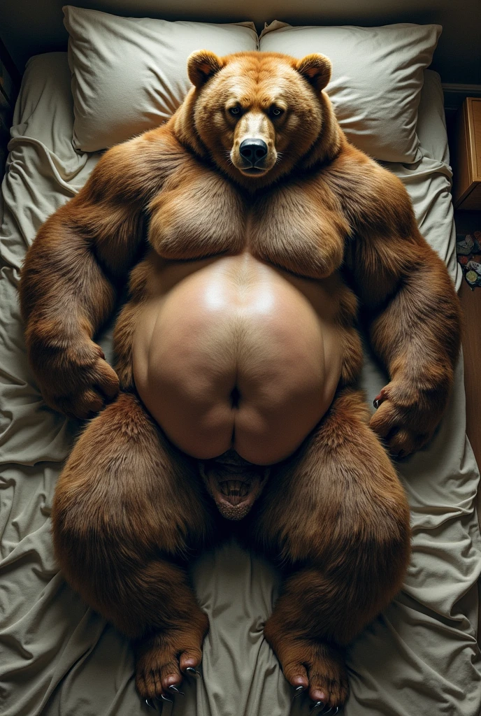 Bear,huge belly,rubbing belly,muscular pecs,big legs,sit,background sofa