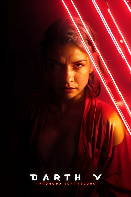 a woman in a red robe stands in front of neon lights, red and cinematic lighting, rey, cinematic red lighting, holding a red lightsaber, holding lightsaber 4 k, movie still 8 k, cinematic and dramatic red light, portrait shot, vibrant cinematic lighting, with light-saber, glow, cinematic contrasted lighting, high contrast cinematic lighting, 4k still