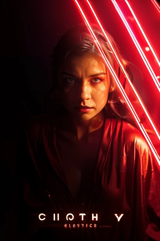 a woman in a red robe stands in front of neon lights, red and cinematic lighting, rey, cinematic red lighting, holding a red lightsaber, holding lightsaber 4 k, movie still 8 k, cinematic and dramatic red light, portrait shot, vibrant cinematic lighting, with light-saber, glow, cinematic contrasted lighting, high contrast cinematic lighting, 4k still