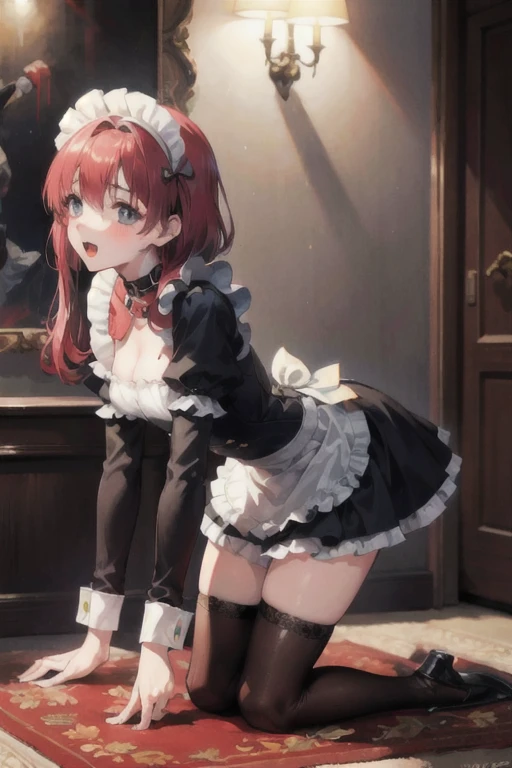 itsukinakano, itsuki nakano, bangs, blue eyes, hair between eyes, Ahoge, redhead, star \(symbol\), blush,embarrassing,hair ornaments,long hair,short braided hair, star hair ornaments,彼女はメイドのロングskirtを着ていました,maid off shoulder uniform,bare shoulders,bare chest, black string underwear,white stockings on her legs, ロングskirtを両手で持ち上げる,skirt, skirt lift, lift it yourself,
break indoors, coffee shop,
break (masterpiece:1.2), highest quality, High resolution, unity 8k wallpaper, (shape:0.8), (fine and beautiful eyes:1.6), highly detailed face, perfect lighting, Very detailed CG, (perfect hands, perfect anatomy),