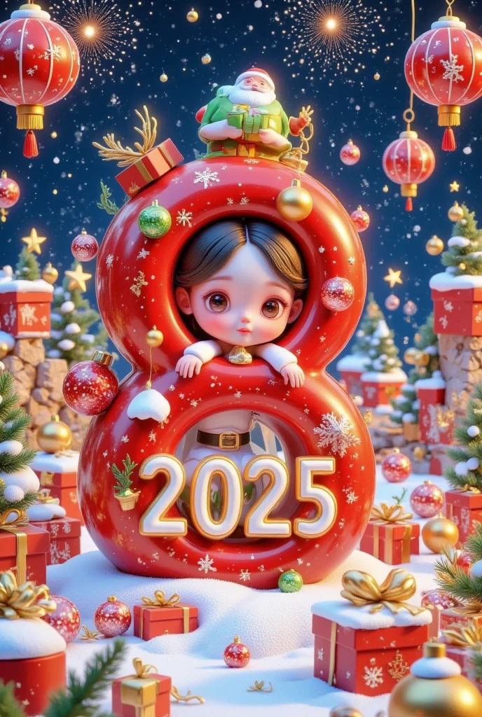 This is a red lantern illustration full of New Year atmosphere. The main body is a clear 3D red light number "2025". The red lanterns create a strong Spring Festival atmosphere with exquisite details. There is a Chinese character "福" in the middle of the number. There are some fireworks red envelopes and ingots around the numbers. There are fireworks blooming, which is very beautiful, and the atmosphere of Spring Festival reunion is strong. . The red background looks more romantic. The scene elements are rich. The atmosphere is warm and romantic, with the texture of movie lighting