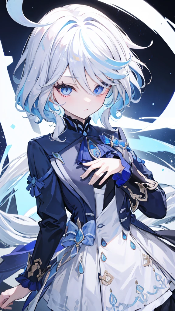 White hair with light blue inner color　light blue mesh on bangs　 eyes are light blue and blue odd-eyes　Being stroked on the head