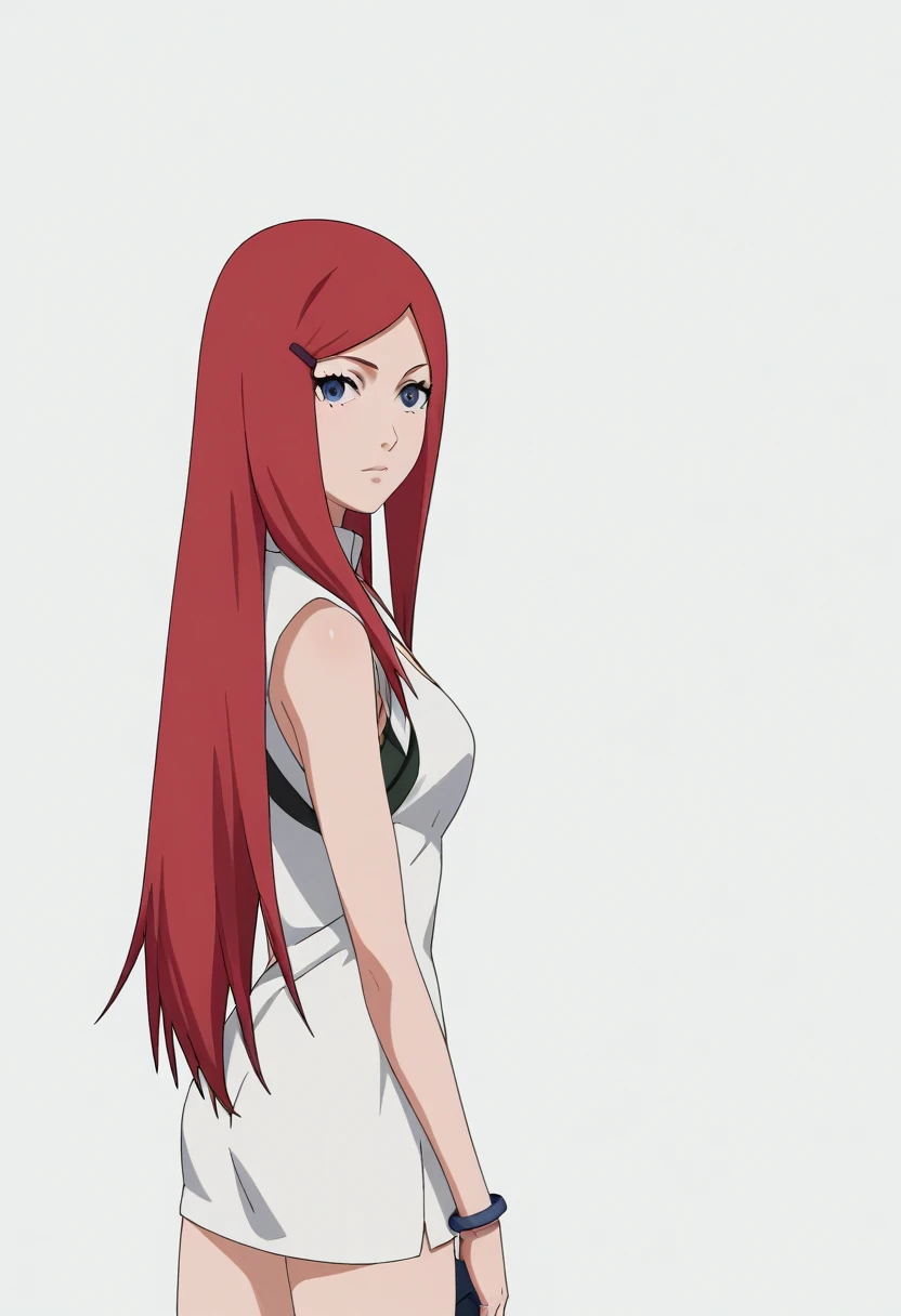 Official_art, anime screencap, perfect body, beautiful body, beautiful legs, uzumaki_kushina, kushina, medium breasts, white background, red minidress, white short sleeveless shirt, sandals, ,1girl, Uzumaki kushina,red hair, long hair, hairclip, gray eyes,looking_at_viewer, standing 