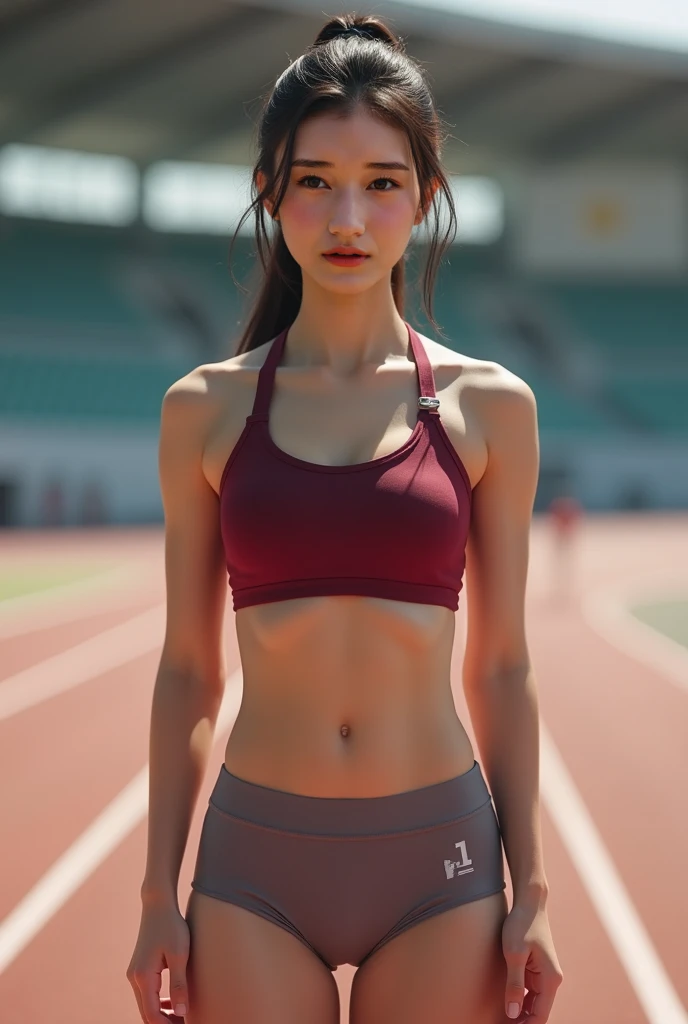 Track and field club、Female university student、1、Japanese,Cute face、Track and field clubユニフォーム、Sweating、Uniforms that expose a lot of skin、(((Muscular body)))、(((Macho)))、((Muscular))、(((Six-pack)))、My abs are split into 6、Six Pack、Muscle、(best quality,4K,8k,highres,masterpiece:1.2),ultra-detailed,(realistic,photorealistic,photo-realistic:1.37),HDR,uhd,studio lighting,ultra-fine painting,sharp focus,physically-based rendering,extreme detail description,professional,vivid colors,bokeh,cinematic lighting,dramatic shadow、High resolution, High-resolution model, Retina, Textured skin, Ultra high definition,