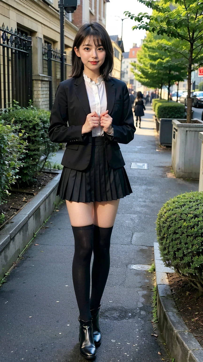 (8k、 RAW photos 、 best quality、masterpiece:1.2)、(Realistic、Realistic)、1 person、((black jacket 、Frills、uniform、 shirt、チェック柄の shirt、 Pleated mini skirt、tights、 Medium Hair 、 black long boots 、Thin legs、whole body、garden、  stand with your hands on your lower back  )、cute