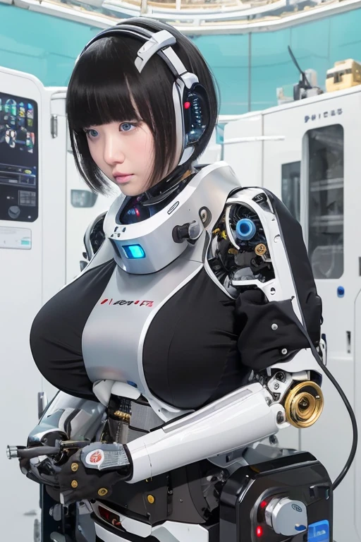 masterpiece, best quality, extremely detailed, portrait,Japaese android girl,Plump,a bit chubby,control panels,android,Droid,Mechanical Hand, ,Robot arms and legs, Black hair,Mechanical body,Blunt bangs,White Robotics Parts,perfect robot woman,Charging spot,Long Tube,A thick cable was connected to her neck,perfect mechanical body,white robotics body,future assembly plant,white body,She has repaired,black sponge joints,android assembly plant,android,laboratory,perfect machine body,white robot body,blue eyes