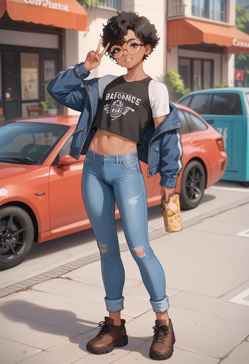  masterpiece,  better quality , Artist bdone , 20 years, femboy,  curly and blurred hair,  short hair,  black hair,  black eyes, round glasses, golden lenses,  tanned skin, Blue denim jacket, Grey sports pants , Dark blue t-shirt ,  brown shoes , love and peace,  slim body, effeminate body, marked rear, Femboy body ,  slim body,  ectoform body 