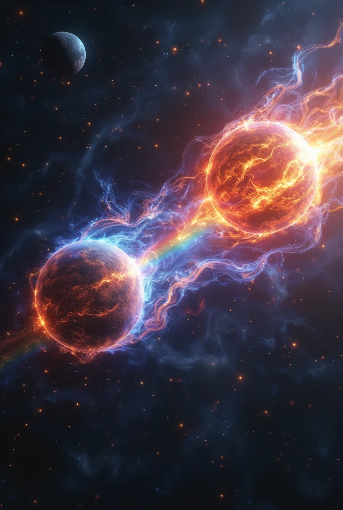 ((masterpiece, highest quality, Highest image quality, High resolution, photorealistic, Raw photo, Extremely detailed CG unified 8k wallpaper)), Two planets are attracting each other in the jet-black space, a huge rainbow is hanging between the two planets, a rainbow bridge is connecting the two planets, and we see the scene from the window of the spaceship, a dynamic mystery of the universe,