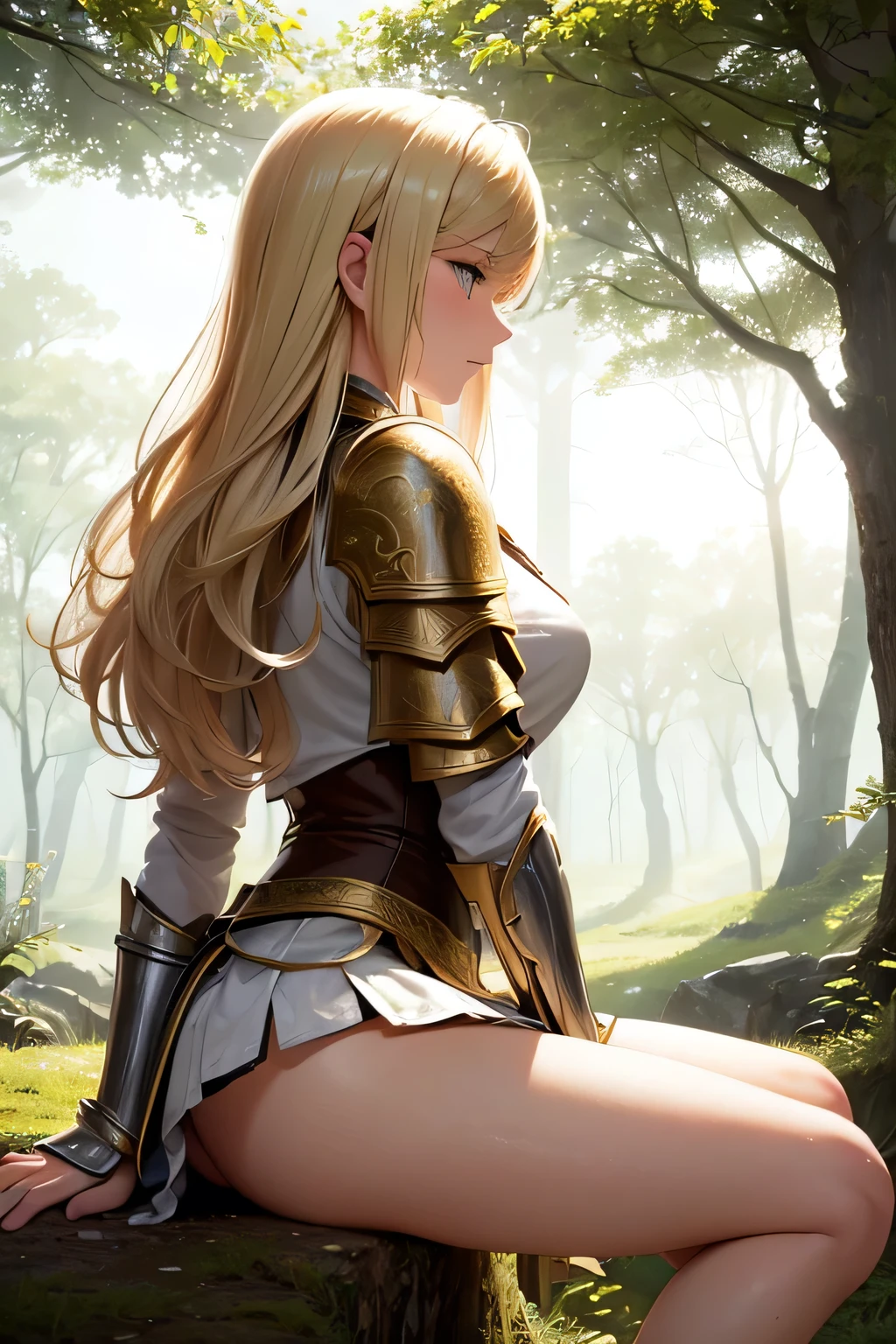 Create a fantasy image of a naked blonde well-endowed barbarian warrior standing in a field of colorful flowers with a black tower in the background, absurd, high resolution, ultra-sharp, 8K, masterpiece, looking at the viewer,((( from a side)))