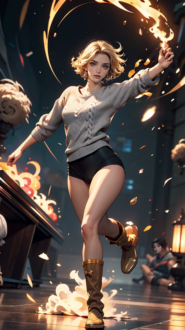 masterpiece, highest quality, sour, Grey sweater, Black leotard, Spin around, spin, Blonde Hair, Superhero, boots, tornado, Circlingwind, alone, barefoot, Circling, Wind effects, spinning into a tornado, fast spin, stand, time travel, Travel through time, High leg, Perfect hands, Perfect Fingers, High leg leotard, Power ups, tornado swirls