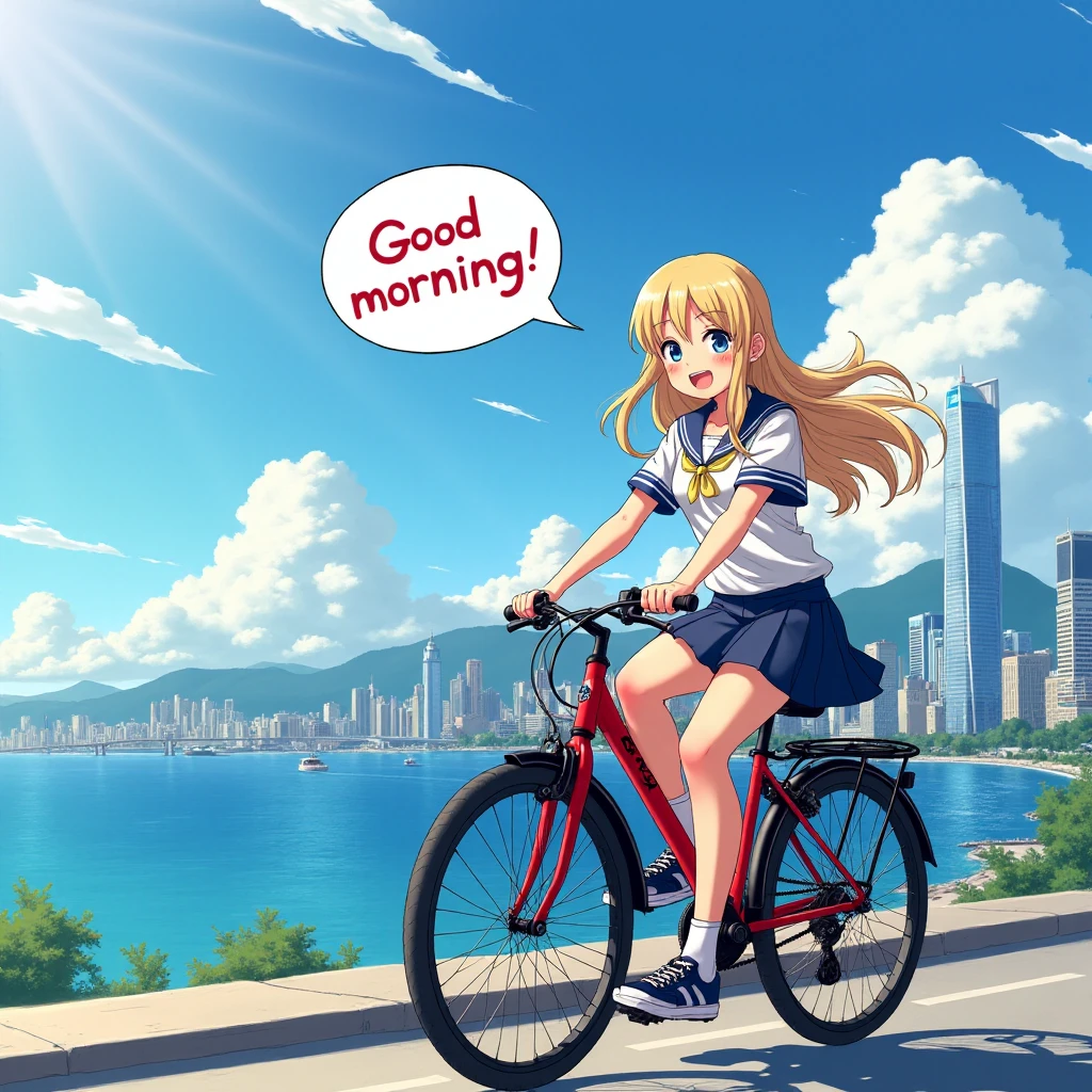 masterpiece, high quality, best quality, highly detailed, insanely detailed, hyper realistic, 4K, 8K, 16K, Marvel Animation Style, Wind, full body, High school girl, Beautiful, Smile, Japanese, uniform, blonde hair, sneakers, riding a Red bicycle, with a speech bubble saying! "Good Morning!", background is city by Sea.